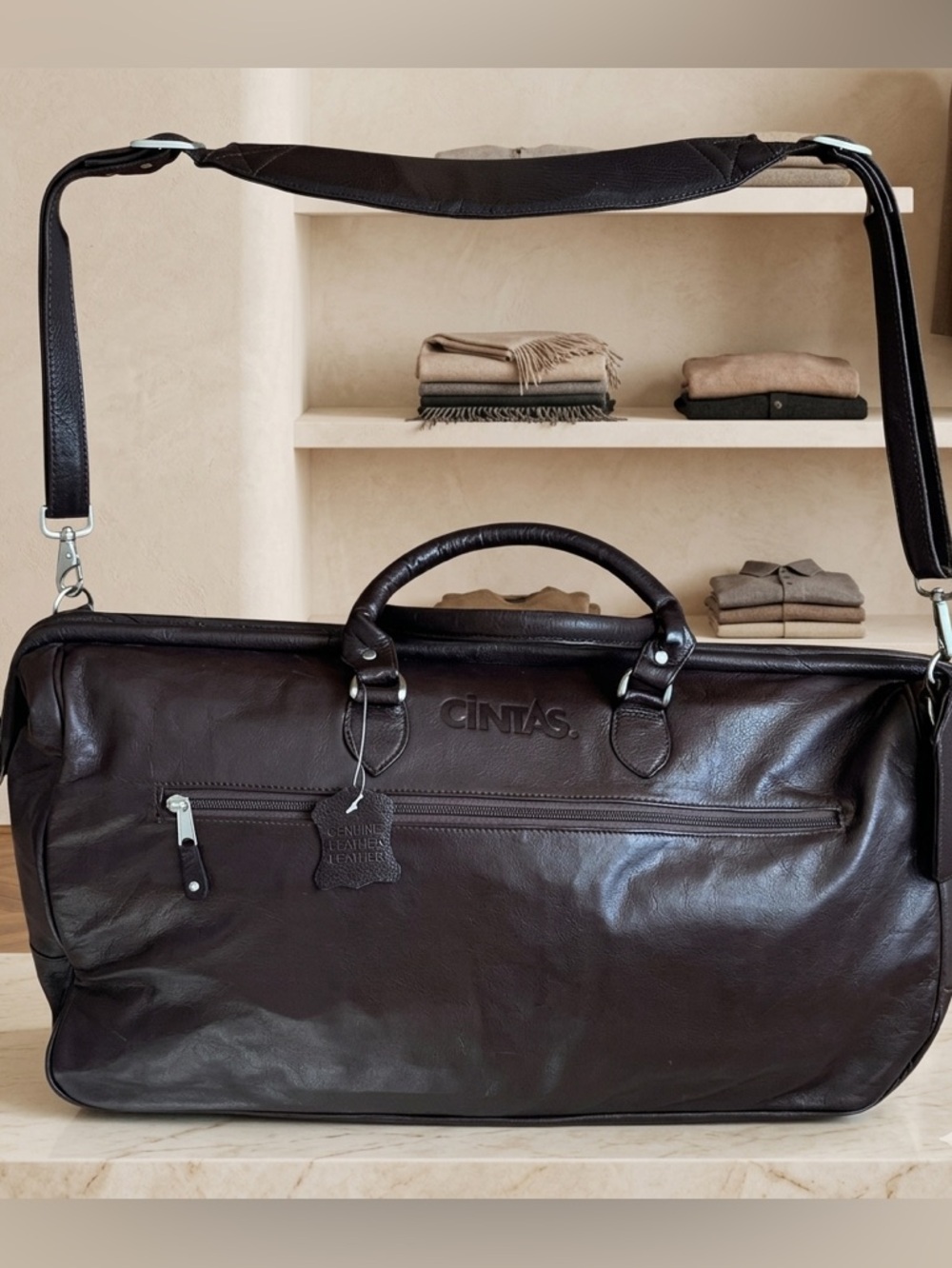 Cintas Brown Large Cowhide Leather Menโs Duffle Travel Weekend Bag Leather Bagโ